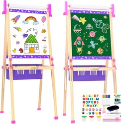 Wooden Art Easel for Kids,Double Sided Adjustable Magnetic Drawing Board | Kids Easel with Paper Roll,Whiteboard & Dry Erase Chalk Board,Toddler Easel for 4 -8 Year Old Boy Girl Birthday Gifts