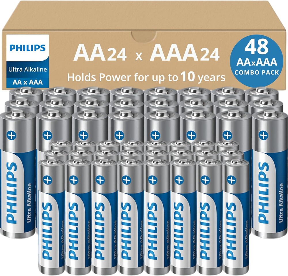 Philips AA and AAA Batteries Combo Pack, 48-Count Ultra Alkaline Batteries Variety Pack, 24 AA & 24 AAA, 10 Year Shelf Life, Ultimate Long-Lasting Power, Recloseable Packaging, Leak-Proof Battery.