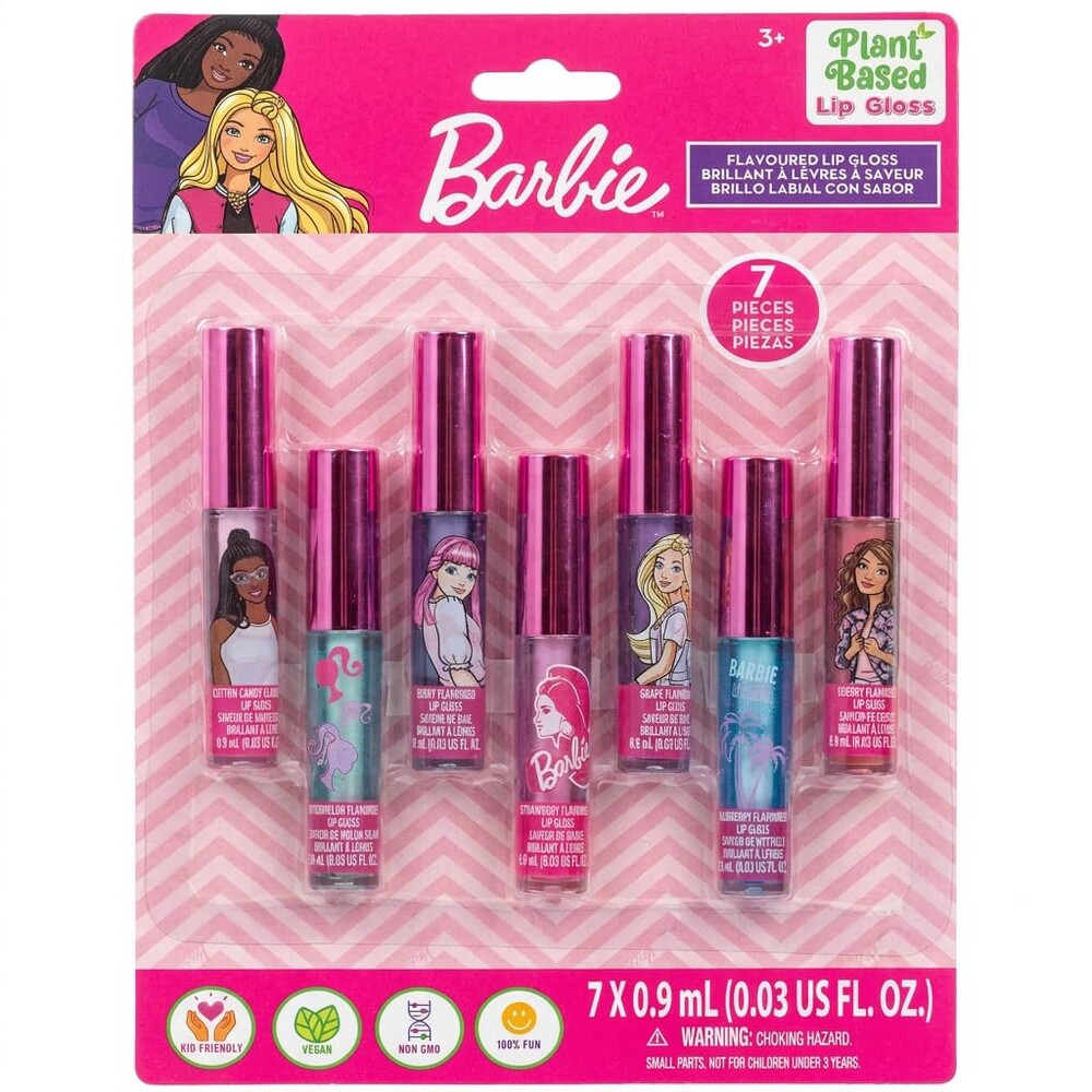 Townley Girl Barbie Movie 7 Piece Vegan Plant Based Party Favor Lip Gloss Makeup Set for Girls Kids Toddlers, Perfect for Parties Sleepovers Makeovers Birthday Gift for Girls above 3 Yrs
