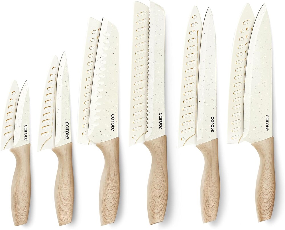 CAROTE 12PCS Knife set with Blade Guards,Granite Nonstick Ceramic Coating,Stainless Steel blade, Anti-Slip Handle, Essential Knives, Rustproof, White