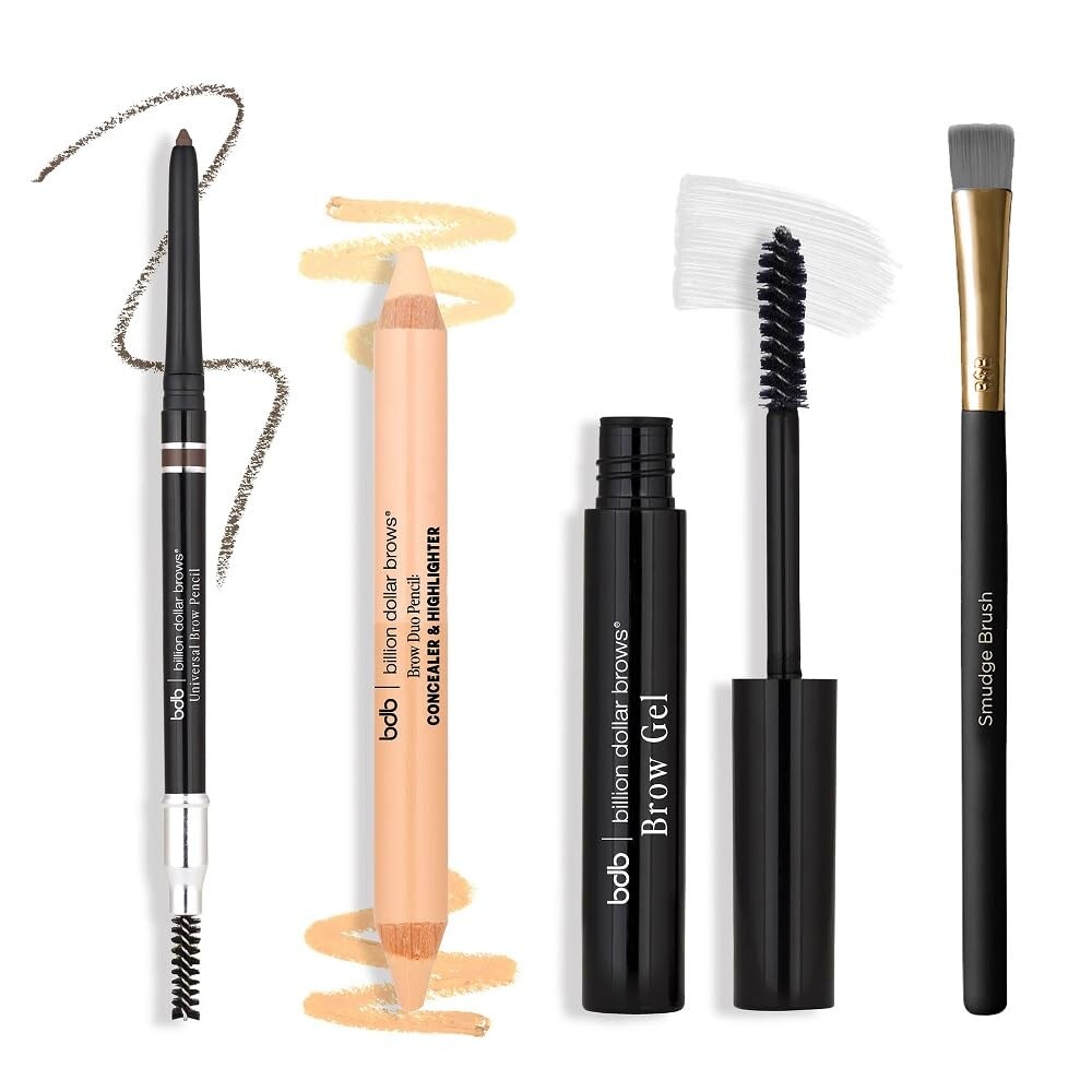 Billion Dollar Brows Best Sellers Kit - 4-Piece Eyebrow Makeup Starter Set Includes Universal Brow Pencil, Duo Highlighter Concealer Pencil, Clear Brow Gel and Professional Smudge Brush