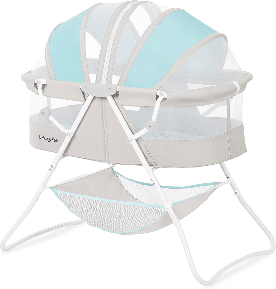 Dream On Me Karley Portable Newborn Bassinet with Double Mesh Canopy, Foldable Travel Bassinet with Storage Basket, Lightweight, Indoor Outdoor Use, Blue/Grey