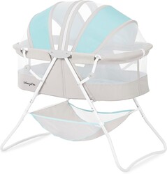 Dream On Me Karley Portable Newborn Bassinet with Double Mesh Canopy, Foldable Travel Bassinet with Storage Basket, Lightweight, Indoor Outdoor Use, Blue/Grey