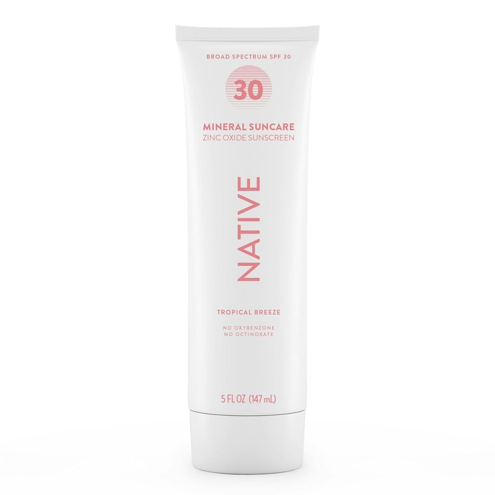 Native Sunscreen SPF 30, Zinc Oxide Dermatologist Tested Suitable for Sensitive Skin & Hawaii Compliant, 5 Ounces | Tropical Breeze Scent Sun Protection Lotion, Lightweight & Smooth