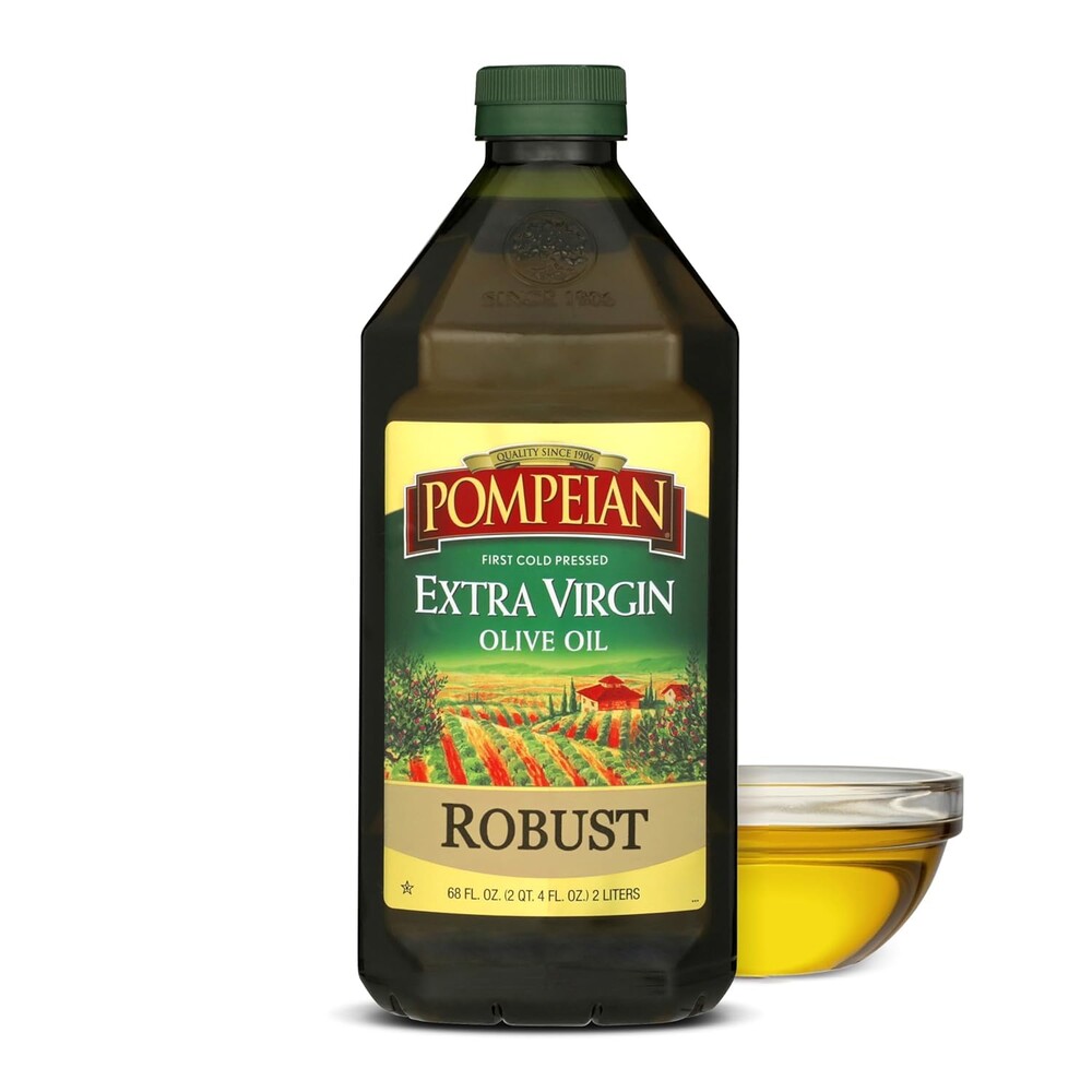 Pompeian Robust Extra Virgin Olive Oil - 68 fl oz (2 L) First Cold Pressed Olive Oil for Cooking - Full-Bodied Taste for Dressings and Marinades - Value Size