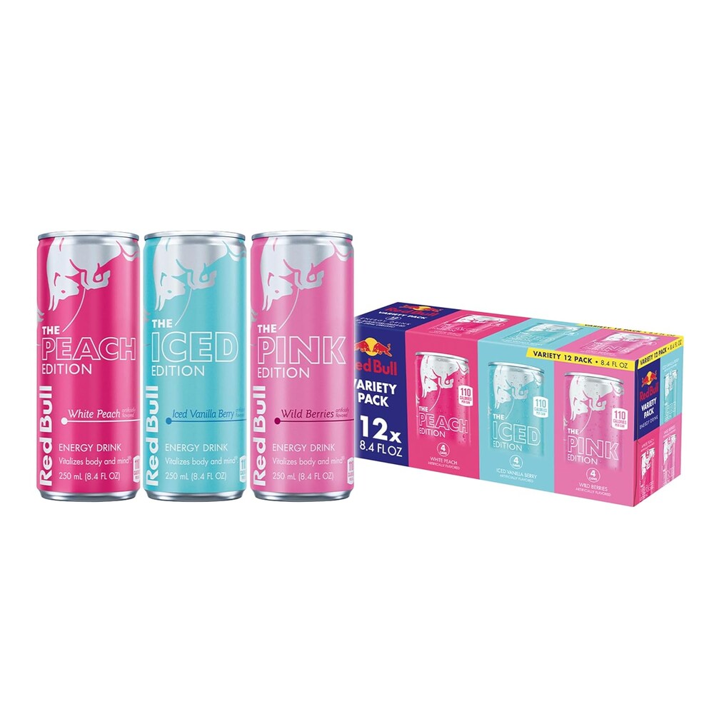 Red Bull Energy Drink Variety Pack, Peach, Iced Vanilla Berry, Pink, with 80mg Caffeine, Taurine & B Vitamins, 8.4 fl. oz, Pack of 12 Cans