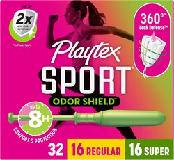Playtex Sport Odor Shield Tampons Multipack (16ct Regular/16ct Super), Unscented - 32ct | Tampons Regular and Super, Playtex Tampon Multipack, Feminine Care with 360 Leak Defense