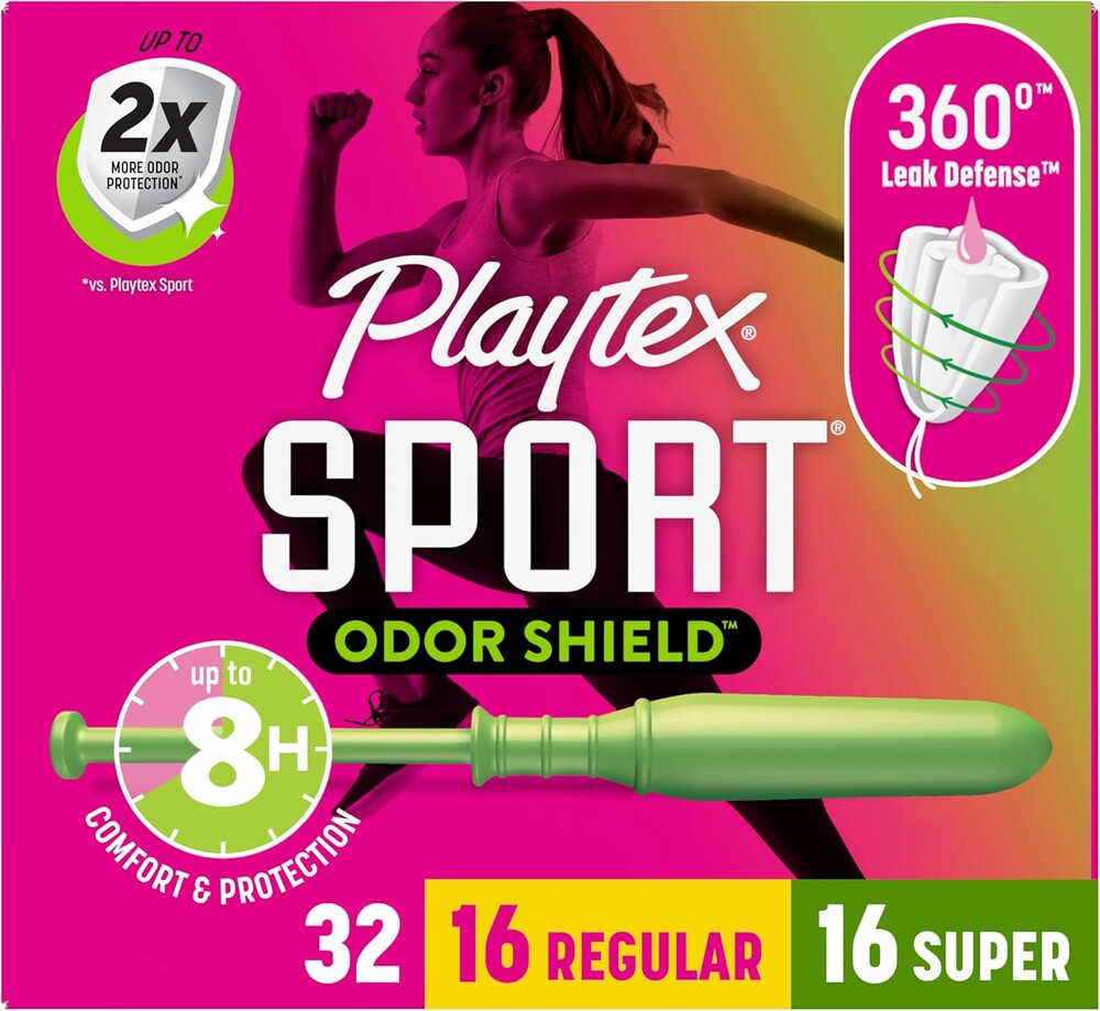 Playtex Sport Odor Shield Tampons Multipack (16ct Regular/16ct Super), Unscented - 32ct | Tampons Regular and Super, Playtex Tampon Multipack, Feminine Care with 360 Leak Defense