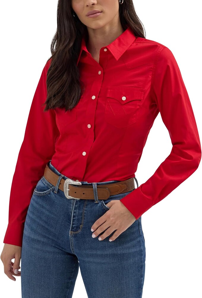 Wrangler Women's Retro Long Sleeve Cool Blue Solid Western Shirt