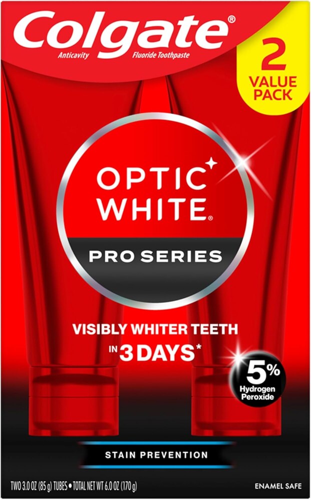 Colgate Optic White Pro Series Teeth Whitening Toothpaste with 5% Hydrogen Peroxide, Stain Prevention, Mint, 3 Ounces (2 Pack)