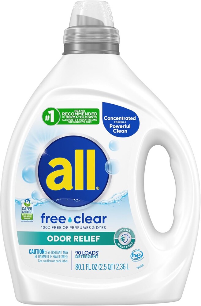 all free clear, Odor Relief, Liquid Laundry Detergent for Odors, Unscented and Hypoallergenic for Sensitive Skin, Concentrated, 80.1oz, 90 Loads
