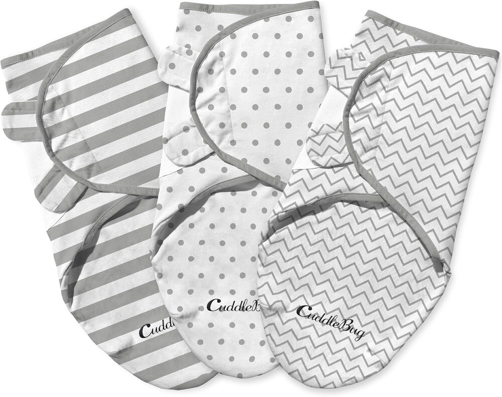 CuddleBug Swaddles for Newborns (3-Pack) - 100% Cotton Velcro Baby Swaddles 0-3 Months, Machine Washable Newborn Sleep Sacks, Snug Baby Swaddle Blanket (Spots & Stripes)