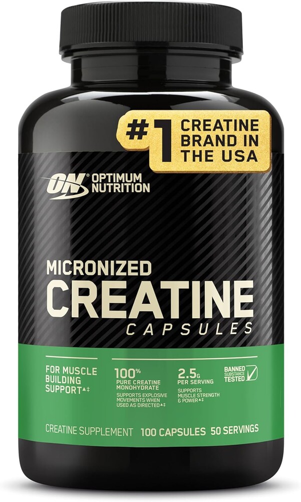 Optimum Nutrition Creatine, Micronized Creatine Monohydrate Capsules, Supports Strength & Recovery, Banned Substance Tested, 2.5g per Serving, 50 Servings, 100 Count