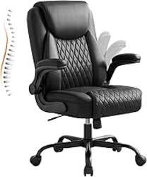 GTPLAYER Leather Office Chair, Home Desk Chair with Flip-up Arms and Ergonomic Back - Comfy Heavy Duty Executive Chair for Home Office Gaming, Black