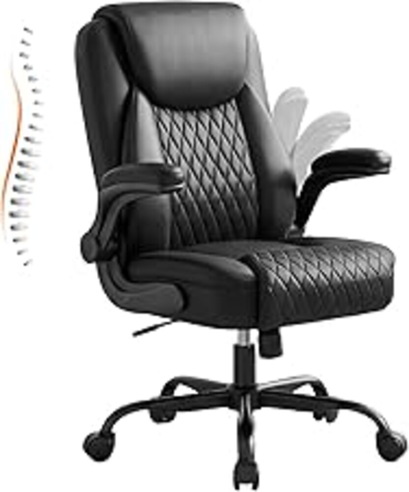 GTPLAYER Leather Office Chair, Home Desk Chair with Flip-up Arms and Ergonomic Back - Comfy Heavy Duty Executive Chair for Home Office Gaming, Black