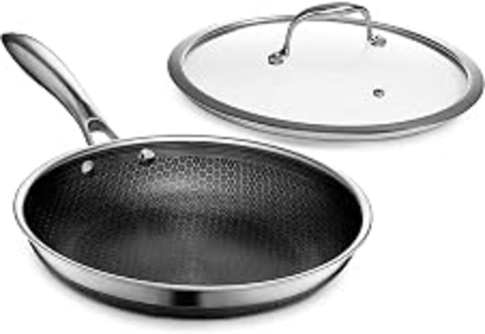 HexClad 10 Inch Hybrid Nonstick Frying Pan with Lid, Stay-Cool Handle, Dishwasher and Oven Safe, Induction Ready, Frying Pan Skillet Compatible with All Cooktops