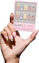 Glamnetic Press On Nails - Short Almond Fake Nails in Bright Orange with Olives, Lemons & Ceramic Designs, Salon Quality, Summer Nails | Aperitivo Hour | 15 Sizes - 30 Nail Kit with Glue