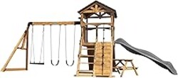 Backyard Discovery Endeavor II Cedar Wood Swing Set with Wave Slide, Play Deck, Double Rock Wall, Picnic Table, Climbing Wall, Belt Swings, Web Swing, Toy Telescope, Step Ladder, Outdoor Playset