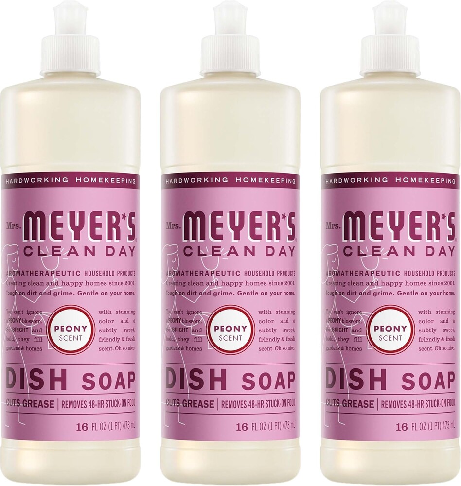 MRS. MEYER'S CLEAN DAY Liquid Dish Soap, Peony Scent, 16 Fl Oz Bottle - 3 Pack