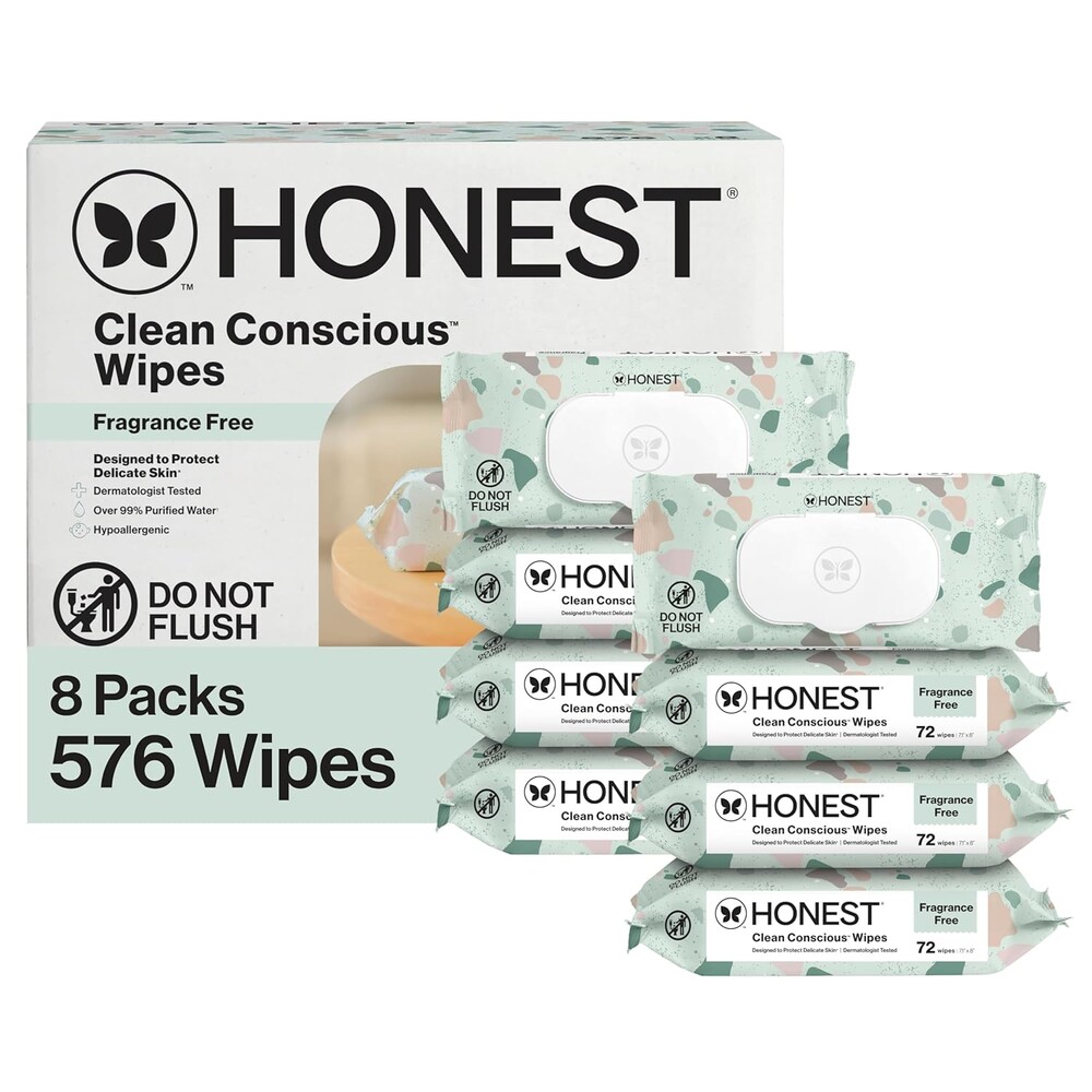 The Honest Company Baby Wipes for Sensitive Skin, Hypoallergenic, Fragrance-Free, Multi-Use, Geo Mood Design, 576 Count (8 Packs of 72)