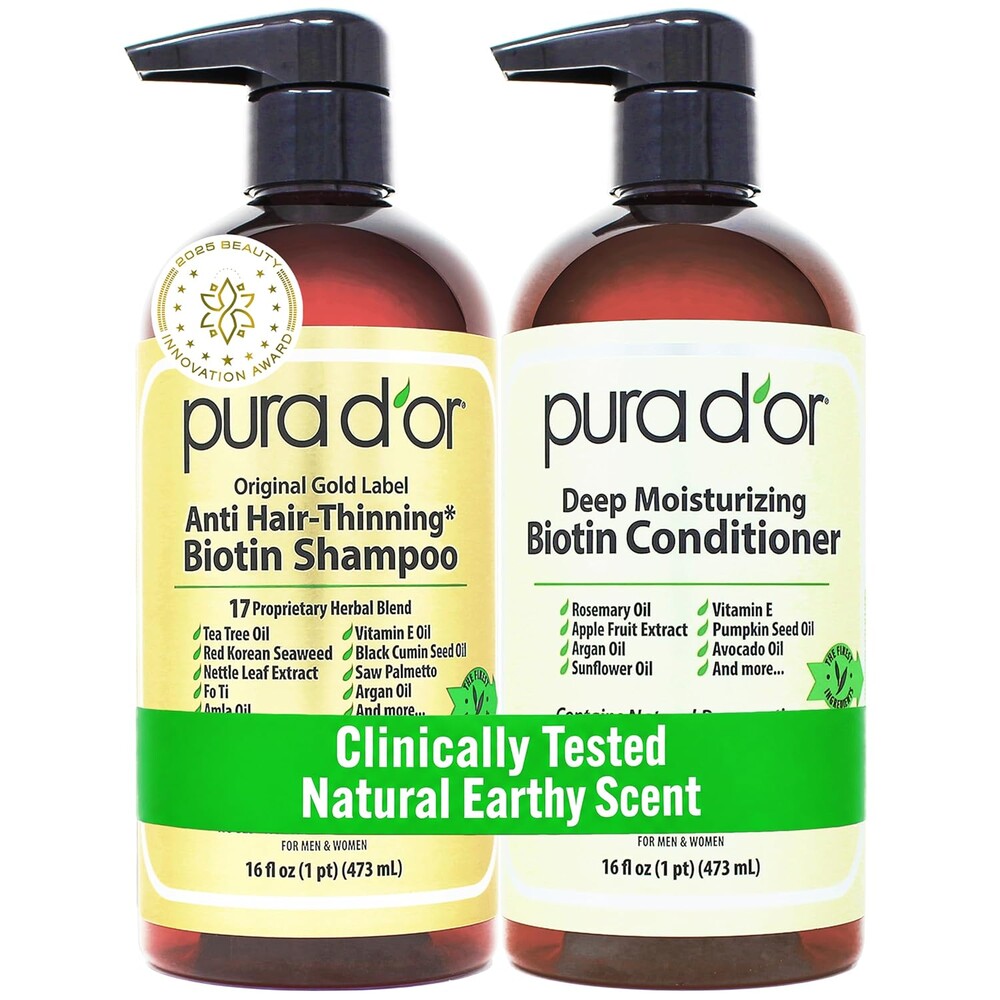 PURA D'OR Anti-Thinning Biotin Shampoo & Hair Regrowth Conditioner, CLINICALLY TESTED Effective Results, Thickening Herbal Blend For Women & Men, Original Gold Label Set, Natural Earthy Scent, 16oz x2 | Deep Moisturizing