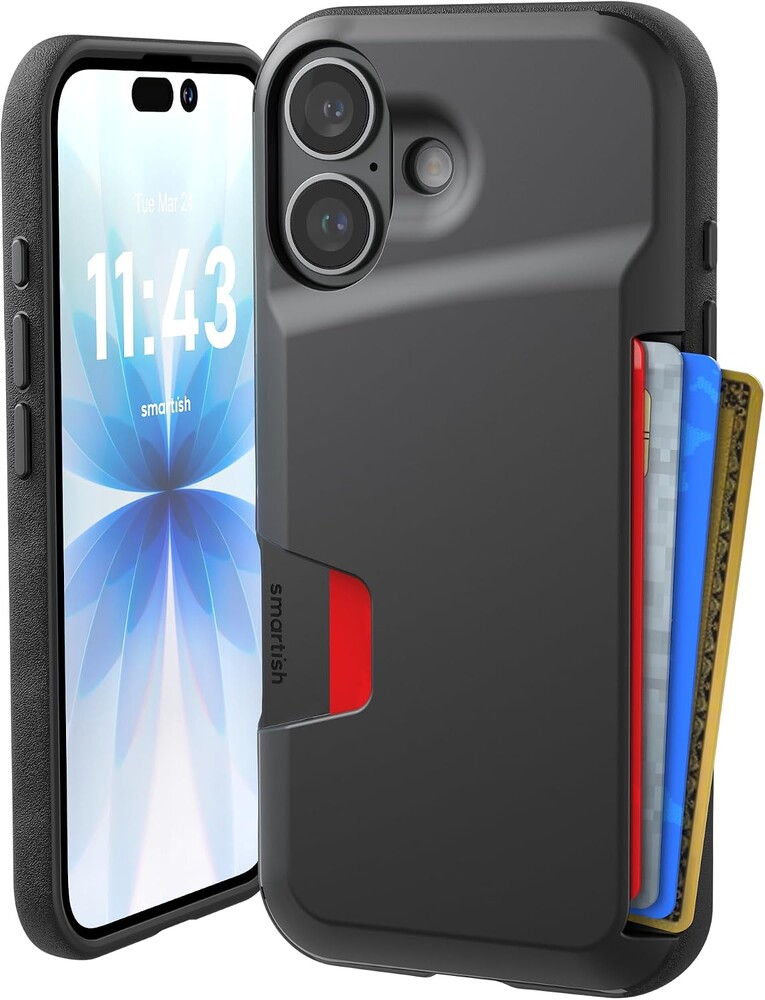 Smartish® iPhone 16 Wallet Case - Wallet Slayer Vol. 1 [Slim + Protective] Credit Card Holder - Drop Tested Hidden Credit Card Slot Cover for Apple iPhone 16 - Black Tie Affair