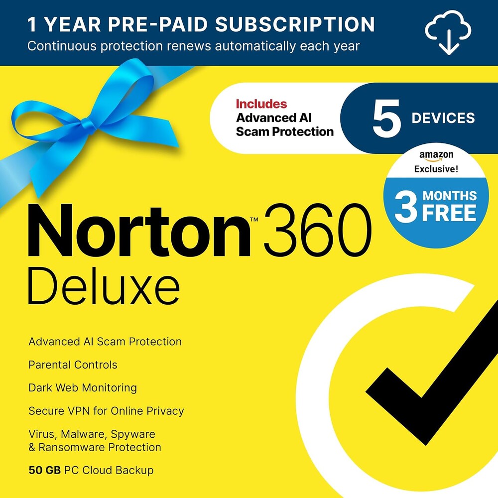 Norton 360 Deluxe, Antivirus software for 5 Devices with Auto-Renewal – 3 MONTHS FREE - Includes Advanced AI Scam Protection, VPN, Dark Web Monitoring & PC Cloud Backup [Download]