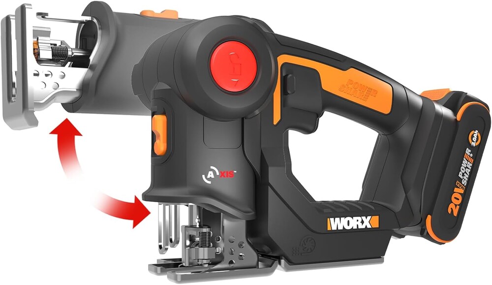 WORX Cordless Reciprocating Saw&Jigsaw, 20V ¾" 2-in-1 Saw, ¾" Stroke Length, 2-in-1 functions, 4 Blades for Different Materials, Compact&Lightweight Design, Battery and Charger Included, PowerShare