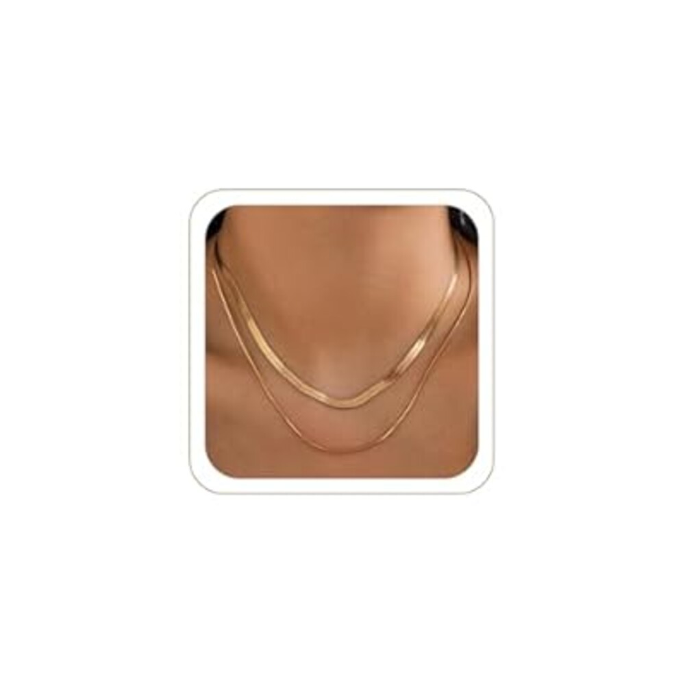 Kewjig 2PCS Herringbone Necklace for Women, Dainty 14K Gold Necklace for Women Snake Chain Necklace Layered Gold Plated Choker Necklaces for Woman Trendy Jewelry Gifts for Teens