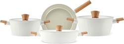 Karaca Swiss Crystal Almond 7-Piece Nonstick Cookware Set, Induction Compatible Pots & Pans, Durable Ceramic Coating, Even Heat Distribution, Cream