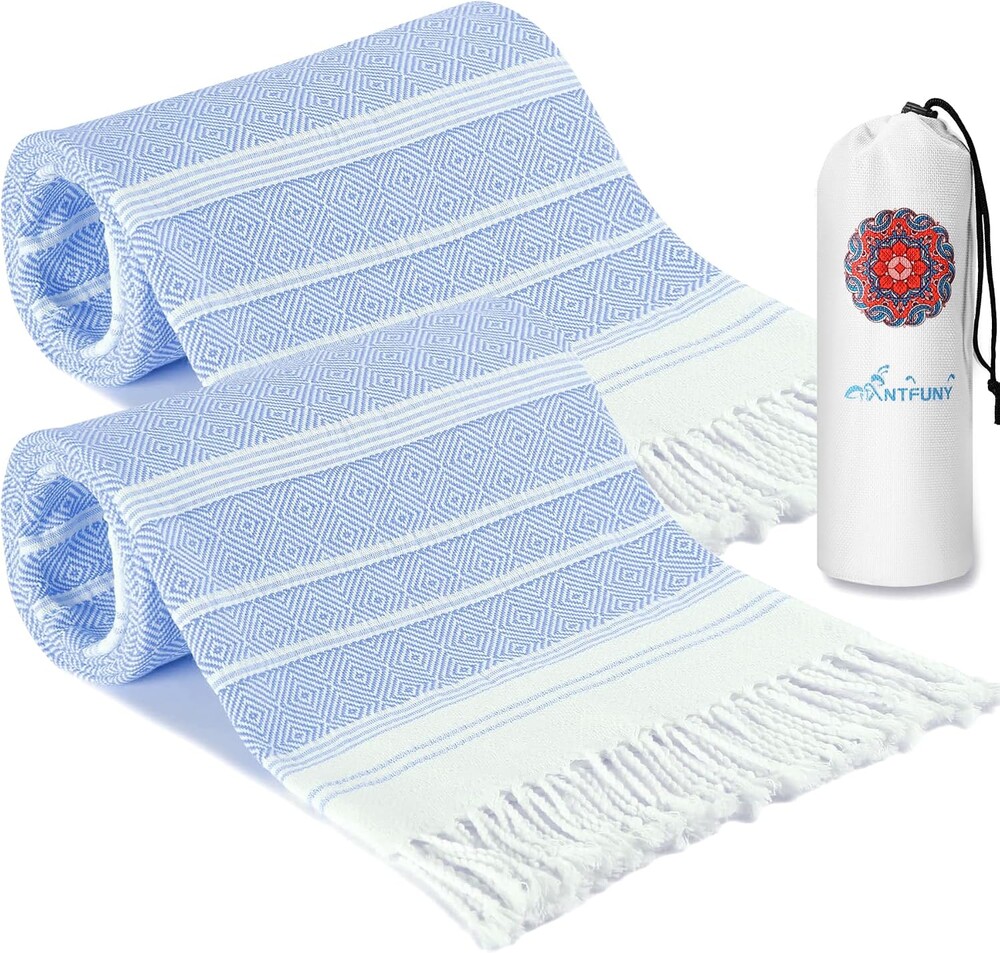 2 Pack Antfuny Turkish Beach Towel Vacation Essentials Quick Dry Sand Free Soft Absorbent Adult Oversized Bath Pool Swim Long Wide Stripe Towel Sound Cloud Linen Mat Summer Thing Lightweight Thin Blue