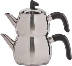 Karaca Belinay Teapot Set Silver Black, Medium Teapot, 18/10 Stainless Steel, Teapot/Lid (1 lt, 2.20 lb), Tea Kettle (1.6 lt, 3.5 lb), Suitable for Induction
