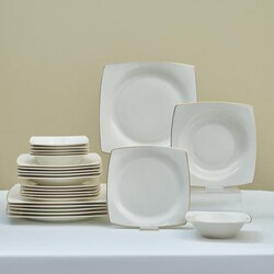 Karaca Square Mensa 24-Piece Tableware Set for 6 People, Elegant Square Plate Set, Elegant Porcelain Tableware in White with Gold Accents