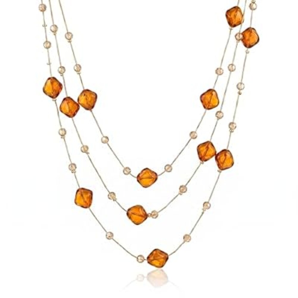 RINHOO Long Glass Bead Necklace for Women, Multi-Layer Design with Pearls & Copper Chain, Boho Chic Layering Chain Jewelry for Dress Sweater (67 Inch) (Brown)