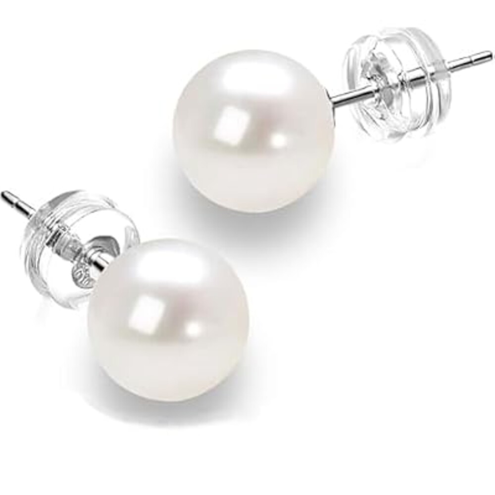 Shrandi Round White Freshwater Cultured Pearl Stud Earrings, Sterling Silver 18K Gold Plated Hypoallergenic Earring Studs Jewelry For Women- AAAA Quality