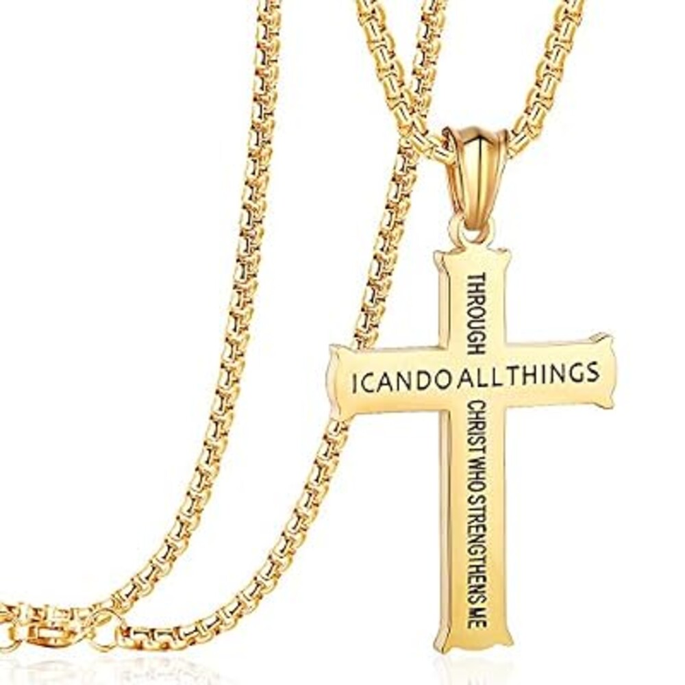 Rehoboth Bible Verse Cross Pendant Necklaces for Men Women Philippians 4:13 Strength Bible Verse I CAN DO All Things Stainless Steel 24 Inch Chain
