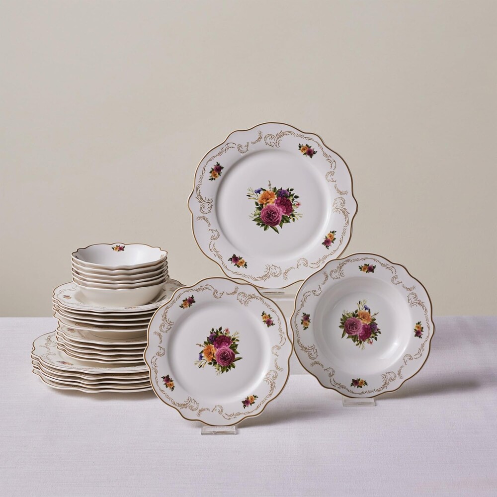 Karaca Forever Bone China Antique 24-Piece Dinner Set for 6 People, Multicolor Floral Dinnerware Set, Lightweight Fine China Plates and Bowls, Microwave and Dishwasher Safe Tableware