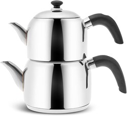 Karaca Edge Stainless Steel Turkish Teapot Set, Small Teapot, 2.2 Qt (2.1 Liters) Total Capacity Stackable Double Tea Maker, Induction Compatible, Durable Metal Body, Silver & Black