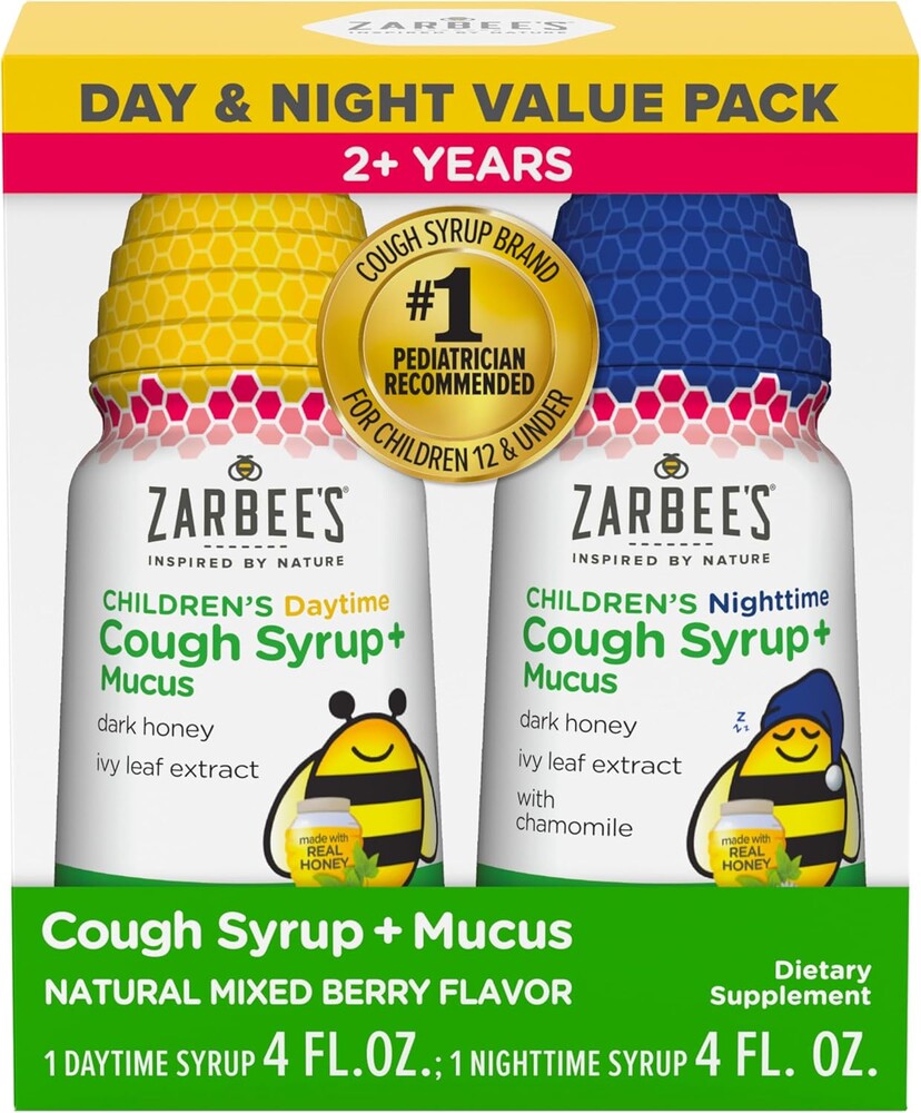 Zarbee's Kids Cough + Mucus Day and Night Value Pack with Honey, Ivy Leaf, Zinc, Elderberry, Chamomile, Berry, Pediatrician Recommended, Alcohol Free, No Artificial Sweeteners, 2X 4 fl. oz. Bottles