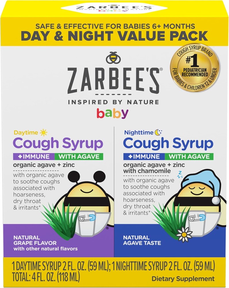 Zarbee’s Baby Daytime and Nighttime Cough Syrup + Immune Value Pack, Natural Grape Flavor, Organic Agave, No Drugs, Alcohol, Gluten, Babies 6 Months and Up, 2X 4 Fl. Oz. Bottles