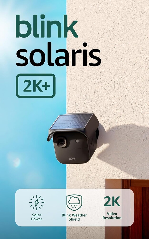 Blink Solaris 2K+ (newest model) — Solar-powered battery smart security camera, wireless fixed solar panel, 2K video, Sync Module Included — 1 camera system (Black)