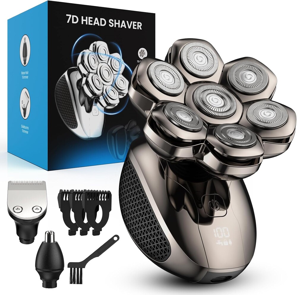 Head Shaver for Bald Men, 7D Floating Electric Razor, Close Smooth Shave for Head, Flexible Heads, Replaceable Blade, IPX7 Waterproof Wet Dry Use, LED Display, USB Charging