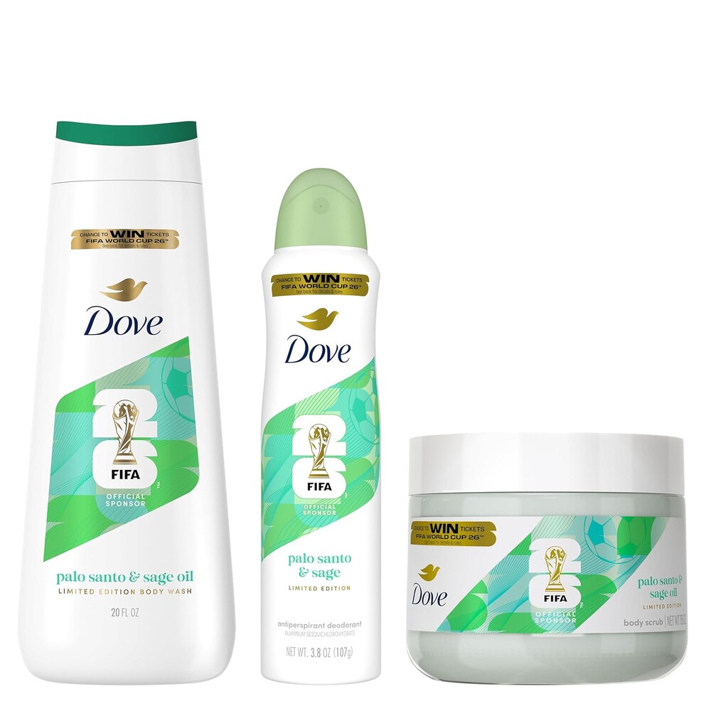 Dove FIFA World Cup 2026 Limited Edition Hydrating Regimen 3‑Pack – Palo Santo & Sage Oil Body Wash, 24‑Hour Nourishing MicroMoisture, Vegan & Dermatologist‑Recommended