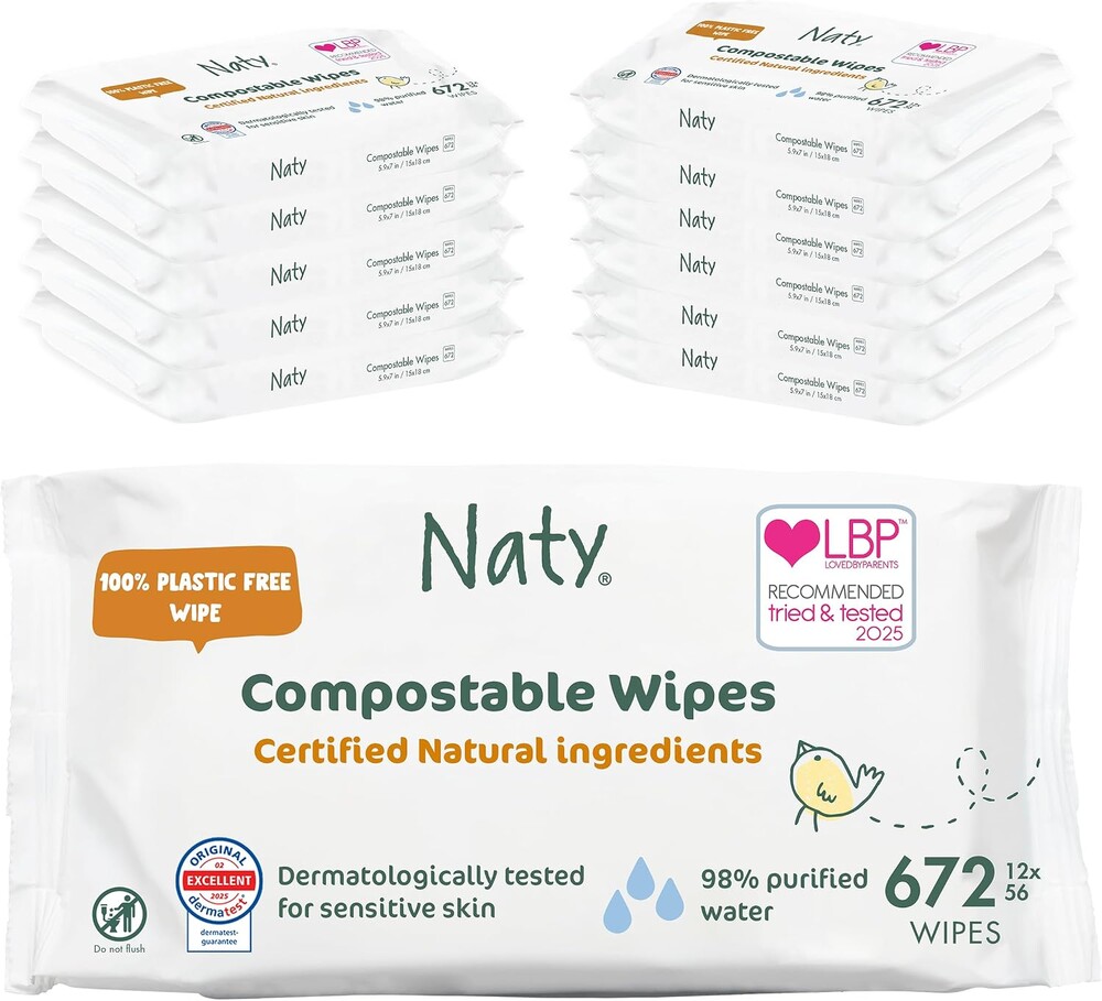 Naty Baby Wipes | 98% Water, Hypoallergenic & Natural for Sensitive Skin | Unscented, Plant-Based, Fragrance-Free | Plastic-Free & Compostable | Newborn & Toddler Diaper Wipes | 672 Count (12 Packs)