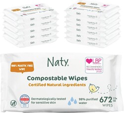 Naty Baby Wipes | 98% Water, Hypoallergenic & Natural for Sensitive Skin | Unscented, Plant-Based, Fragrance-Free | Plastic-Free & Compostable | Newborn & Toddler Diaper Wipes | 672 Count (12 Packs)