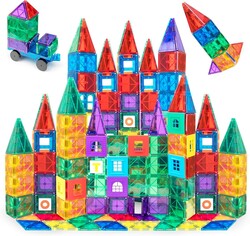 Playmags Magnetic Tiles for Kids 100-Piece Set, STEM Educational Building Blocks Toys for Kids, Includes Click-in ABC Learning Tiles, Gift for Boys & Girls, Add on Magnetic Figures, Car Set Available