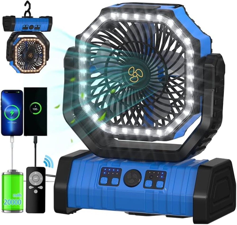 ADUST Camping Fan Battery Operated Powered Fan with LED Lantern Light 20000mAh Rechargeable Portable Oscillating, 360° Rotation Hanging Hook for Tents, Cordless USB Desk Fan(Blue)