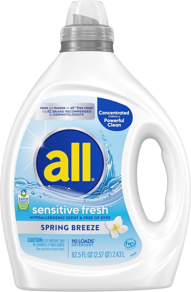 all Sensitive Fresh Spring Breeze Laundry Detergent for Sensitive Skin, 82.5oz, 110 Loads, Fresh & Light Scent, Hypoallergenic and Concentrated, Dye Free