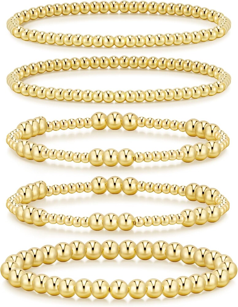 adoyi Gold Bracelets for Women Waterproof, 14K Gold Plated Beaded Strand Bead Ball Bracelets stack Adjustable Jewelry Set for Gifts