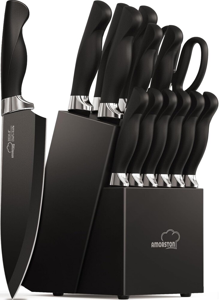 Amorston Knife Set, 15 Piece Kitchen Knife Set with Block and Built in Sharpener, German Stainless Steel Dishwasher Safe Knife Block Set, Black Kitchen Knives Set for Home Cooking